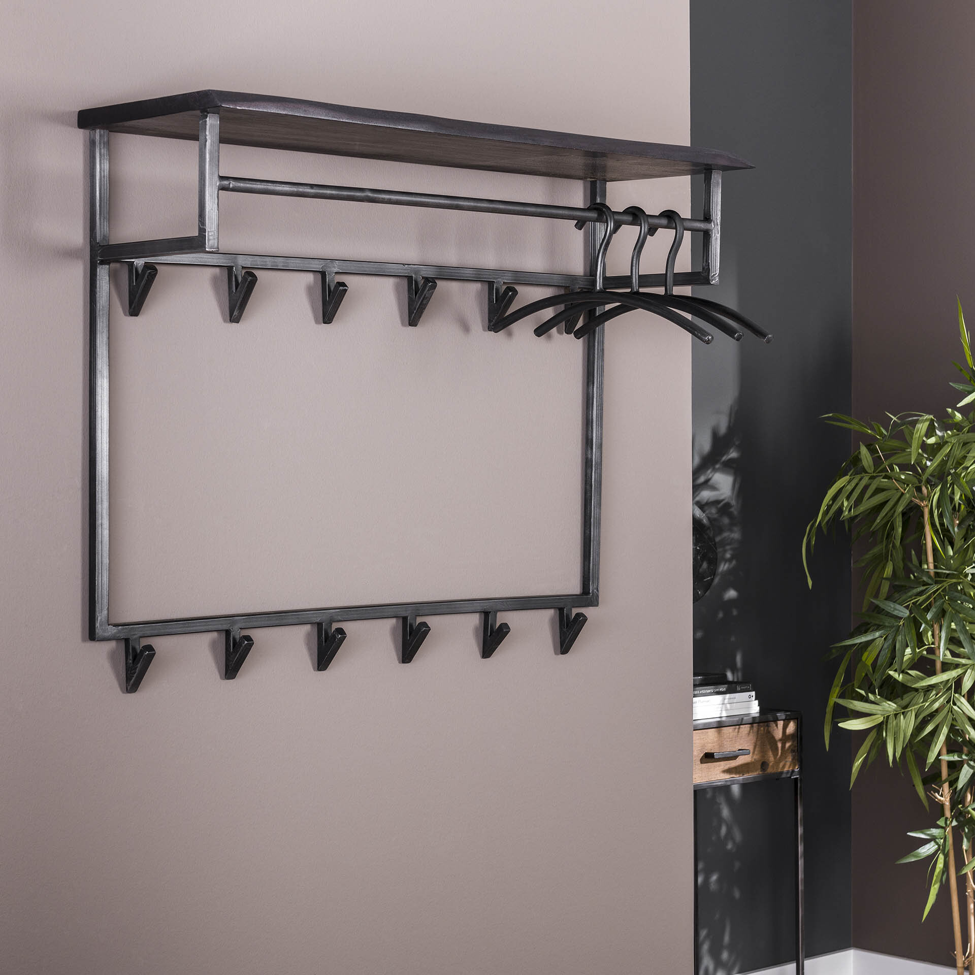 Kapstok 'Yena' Acaciahout en metaal, met 12 haken en plank - Afbeelding 2