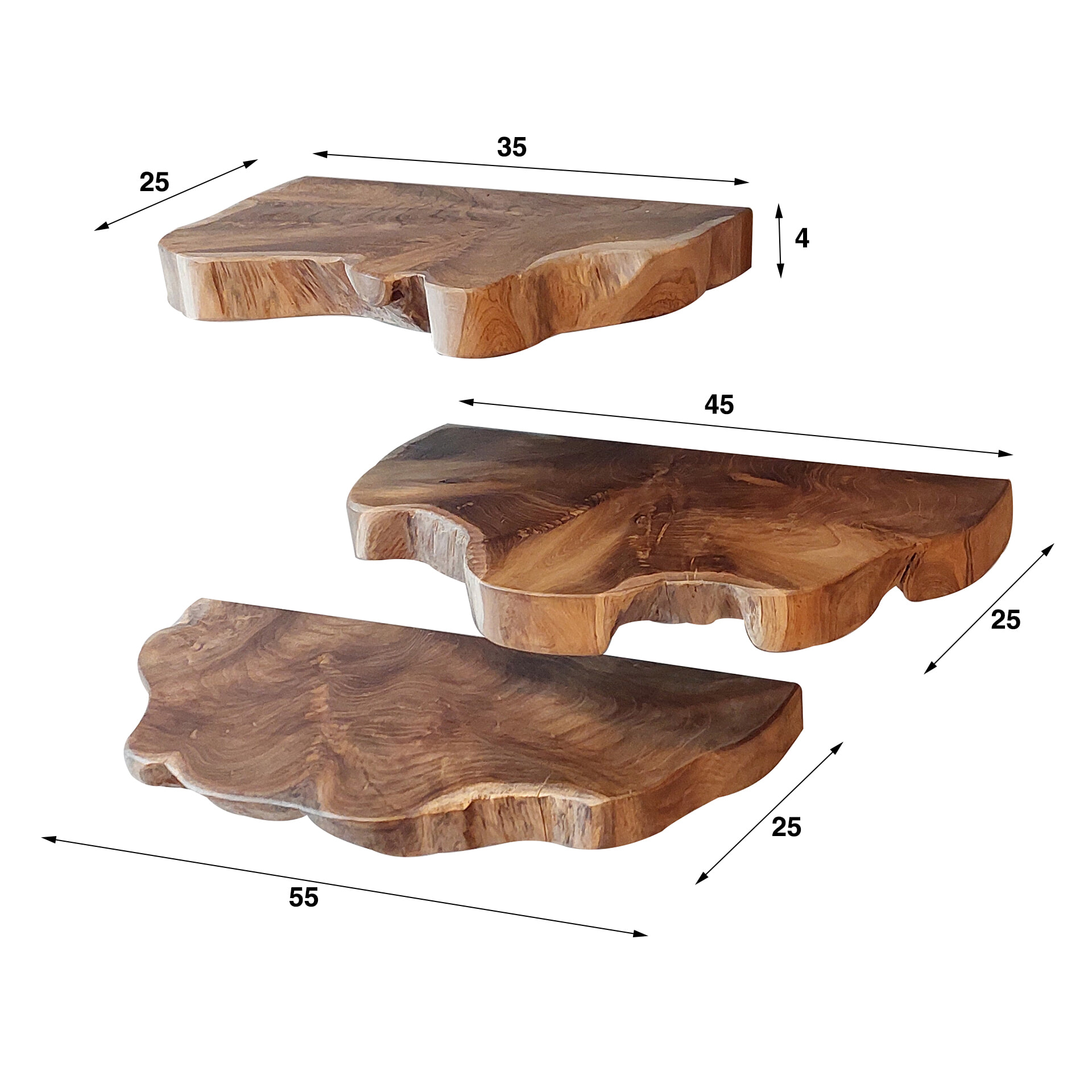 LifestyleFurn Wandplank 'Jenene' Teakhout, Set van 3 stuks - Afbeelding 5