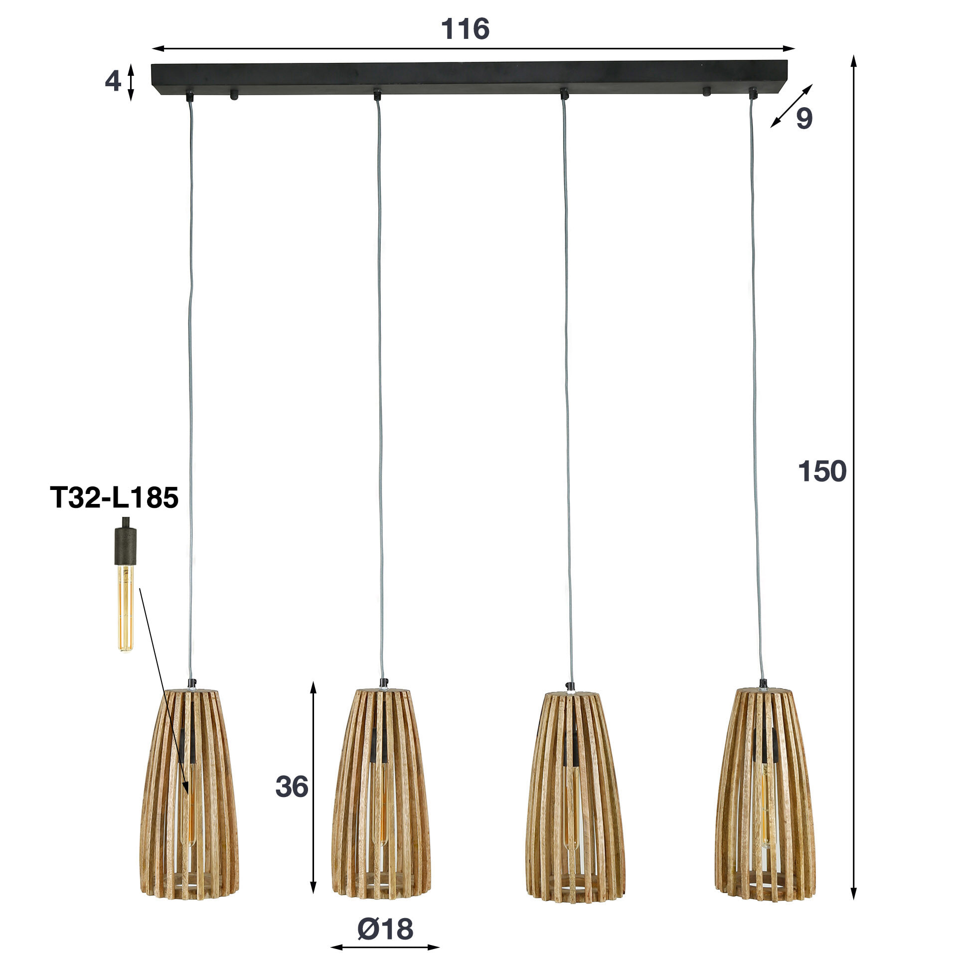 Hanglamp 'Luana' Mangohout, 4-lamps - Afbeelding 6