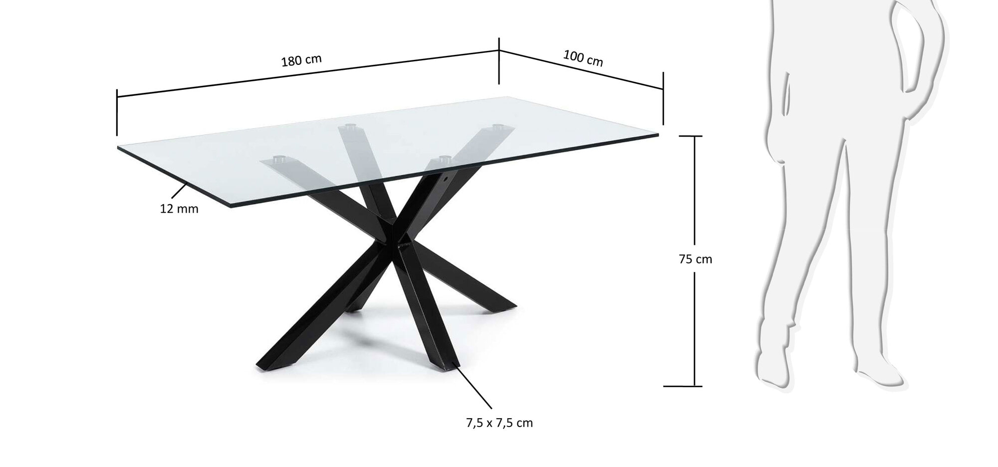 Kave Home Glazen eettafel 'Argo' met zwart onderstel, 180 x 100cm - Afbeelding 4