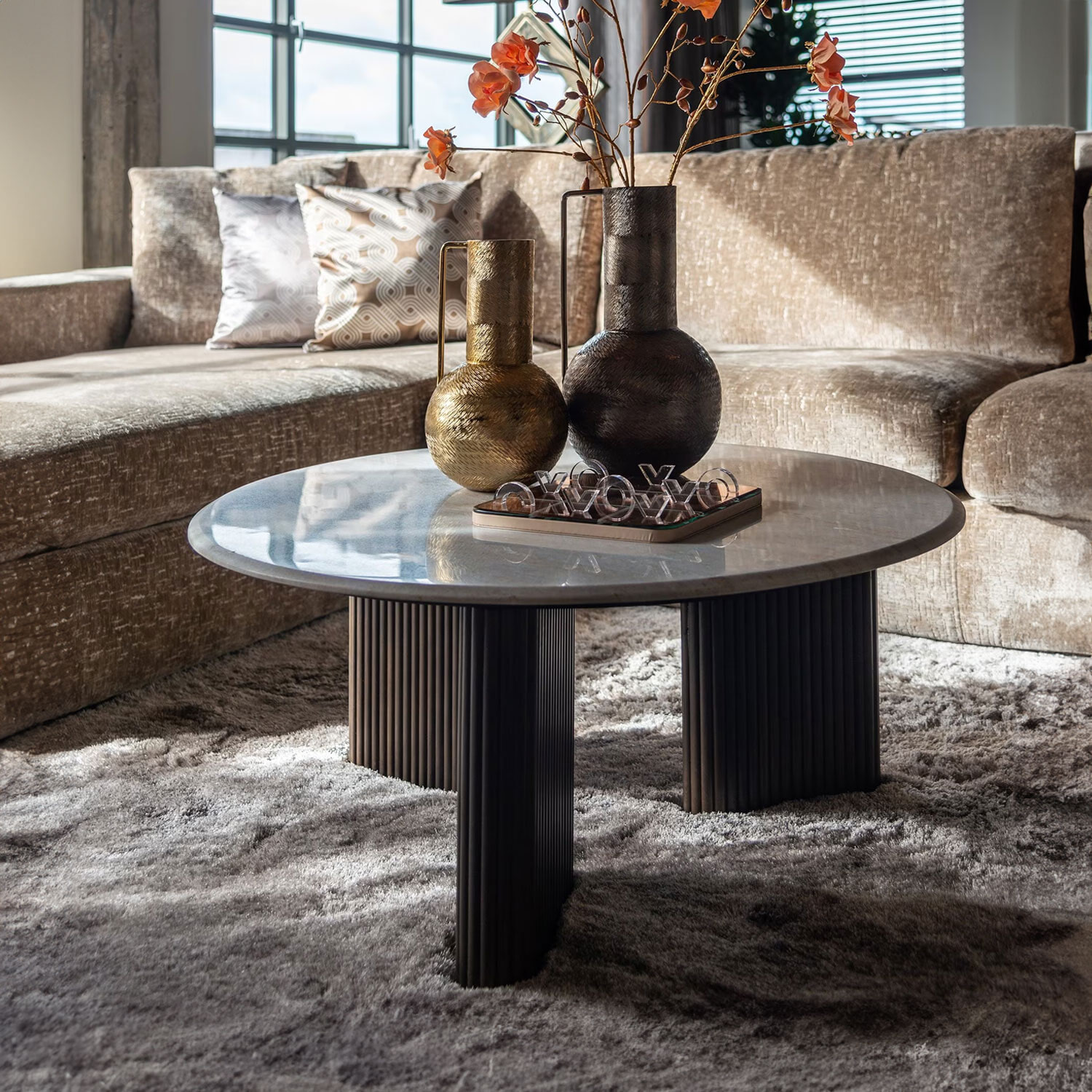 Richmond Ronde Salontafel 'Mayfield' Mangohout en marmer, 90cm - Afbeelding 4