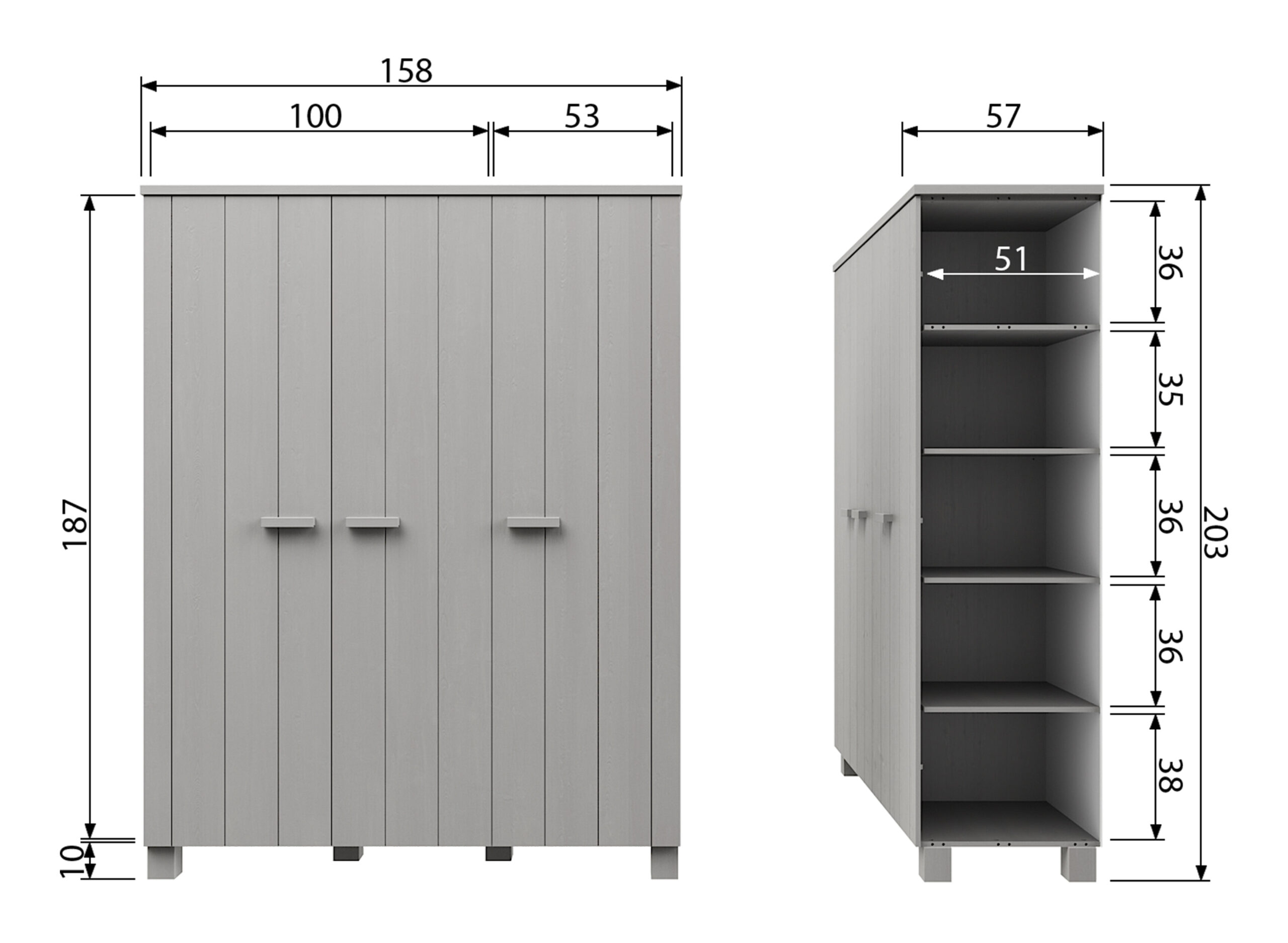 WOOOD Kledingkast 'Dennis' 3-deurs, kleur Betongrijs - Afbeelding 6
